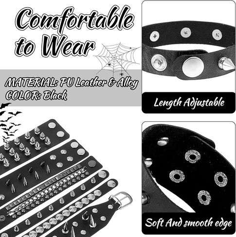 6 PCS Punk Goth Pu Leather Bracelet ، Black Punk Leather Rivets Cuff Cuff Steampunk للرجال in Kuwait