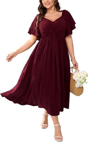 SCOMCHIC Women's Plus Size Wedding Guest Cocktail Dresses Sweetheart Neckline Ruffle Sleeve A Line Maxi Dress in Saudi Arabia