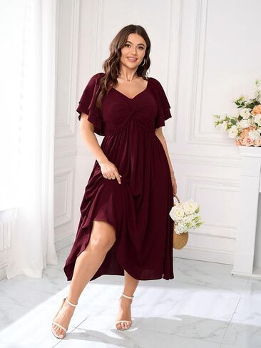 SCOMCHIC Women's Plus Size Wedding Guest Cocktail Dresses Sweetheart Neckline Ruffle Sleeve A Line Maxi Dress in Saudi Arabia