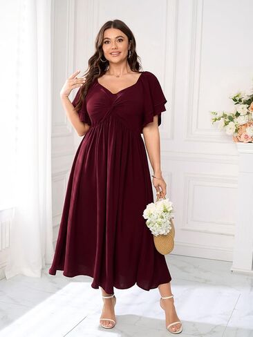 SCOMCHIC Women's Plus Size Wedding Guest Cocktail Dresses Sweetheart Neckline Ruffle Sleeve A Line Maxi Dress in Saudi Arabia