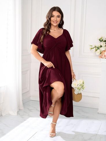 SCOMCHIC Women's Plus Size Wedding Guest Cocktail Dresses Sweetheart Neckline Ruffle Sleeve A Line Maxi Dress in Saudi Arabia