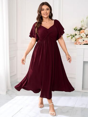 SCOMCHIC Women's Plus Size Wedding Guest Cocktail Dresses Sweetheart Neckline Ruffle Sleeve A Line Maxi Dress in Saudi Arabia