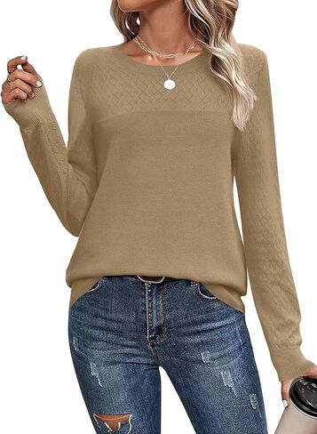 LOMON Sweaters for Women Casual Knit Long Sleeve Crewneck Lightweight Pullover Sweater Womens Hollow Out Tops for Women in Saudi Arabia