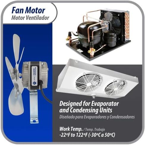 Appli Parts APFM-101E 10W refrigeration condenser and evaporator motor 115V 60Hz 0.65A 1450rpm includes base and 9in aluminum Fan Blade CCW shaft end Universal fit in Saudi Arabia