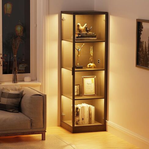 Kingsize Corner Display Cabinet with Doors (18.9" W), 4-Tier Display Case, Curio Cabinet for Collectibles, Toys, Books, Corner Shelf&Bookcase with 3 Color Lights, Black in Kuwait
