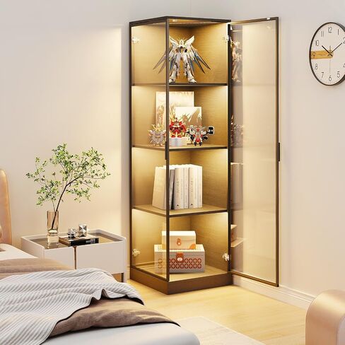 Kingsize Corner Display Cabinet with Doors (18.9" W), 4-Tier Display Case, Curio Cabinet for Collectibles, Toys, Books, Corner Shelf&Bookcase with 3 Color Lights, Black in Kuwait