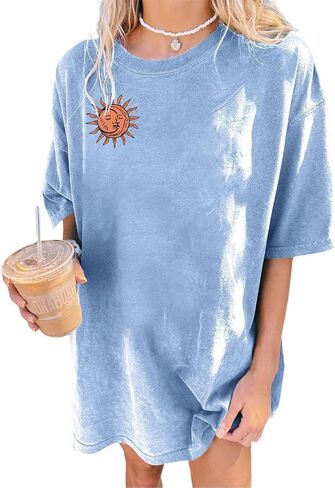 Remidoo Women's Casual Oversized T Shirt Short Sleeve Graphic Tee Letter Sun Moon Shirts in Saudi Arabia