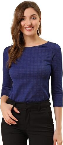 Allegra K Women's Check Top Boat Neck Work Office Blouse 3/4 Sleeve Houndstooth Plaid Top in Saudi Arabia