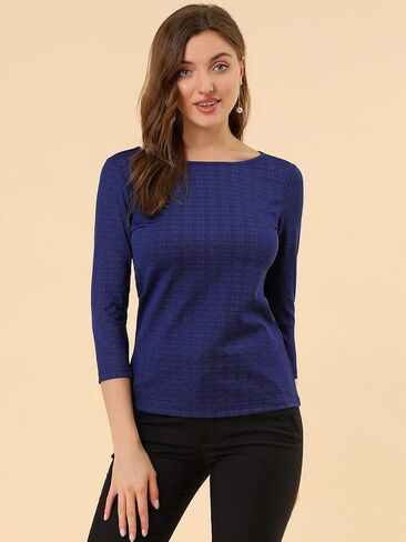 Allegra K Women's Check Top Boat Neck Work Office Blouse 3/4 Sleeve Houndstooth Plaid Top in Saudi Arabia
