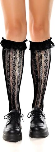 Womens Lace Knee High Socks Cute Ruffle Fishnet Knee High Stockings Heart Lolita Long Mesh Lace Socks, Black White in Kuwait