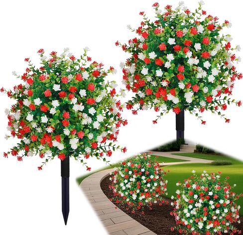 2 Pack Artificial Boxwood Topiary Ball Trees with Ground Spikes,UV Resistant Fake Shrubs with Flowers,Realistic Faux Blooming Plants Bushes for Outdoors Planters Garden Porch Home Office Decor in Kuwait