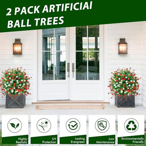 2 Pack Artificial Boxwood Topiary Ball Trees with Ground Spikes,UV Resistant Fake Shrubs with Flowers,Realistic Faux Blooming Plants Bushes for Outdoors Planters Garden Porch Home Office Decor in Kuwait