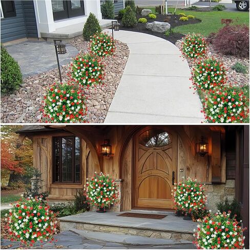 2 Pack Artificial Boxwood Topiary Ball Trees with Ground Spikes,UV Resistant Fake Shrubs with Flowers,Realistic Faux Blooming Plants Bushes for Outdoors Planters Garden Porch Home Office Decor in Kuwait