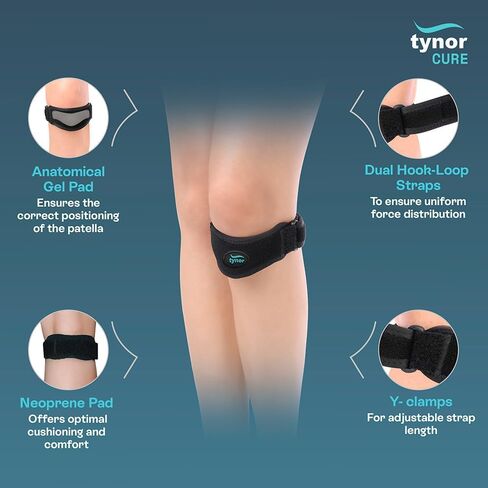 TYNOR Dual Patellar Support for Knee with Dual Gel Pad, Patella Tendon Knee Strap Adjustable Band with Dual Hook Loop Closure for Men & Women, Tennis, Basketball, Running, Tendonitis (One Size, Black) in Saudi Arabia