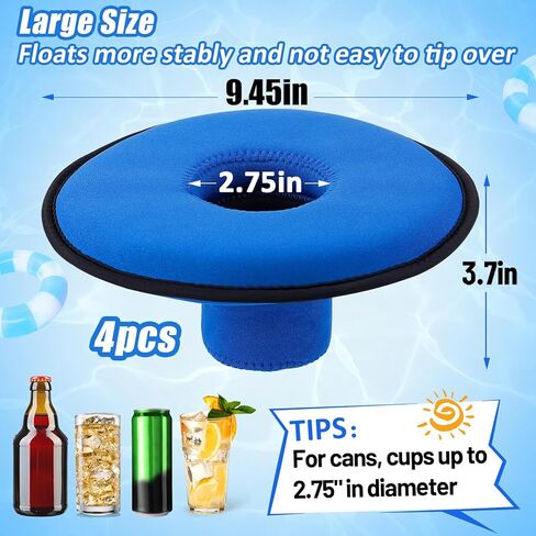 Drink Floats for Swimming Pool - Fit 2.75in Dia. Can Glasses Floating Drink Holder with Lanyard, Large Size Neoprene Cup Floaties for Adults Pool Party Lake Boat Water Fun - 4Pcs in Kuwait