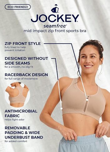 Jockey Women's Bra Seamfree Mid Impact Zip Front Sports Bra in Saudi Arabia