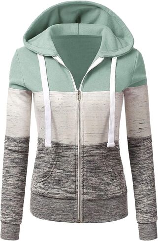 Women'S Color Block Sweatshirt Long Sleeve Zipper Hooded Trendy Blouse Light Weather Jacket in Kuwait
