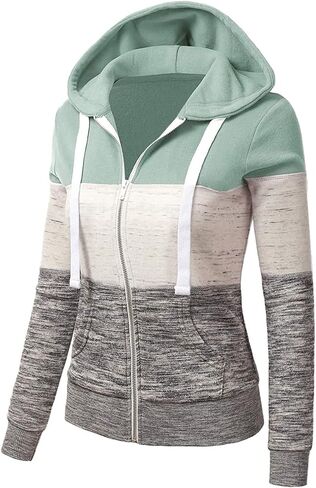 Women'S Color Block Sweatshirt Long Sleeve Zipper Hooded Trendy Blouse Light Weather Jacket in Kuwait