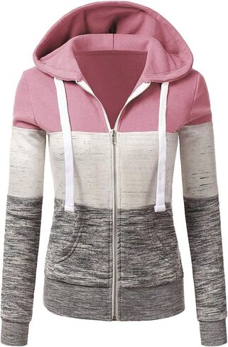 Women'S Color Block Sweatshirt Long Sleeve Zipper Hooded Trendy Blouse Light Weather Jacket in Kuwait