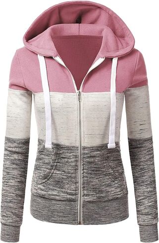 Women'S Color Block Sweatshirt Long Sleeve Zipper Hooded Trendy Blouse Light Weather Jacket in Kuwait