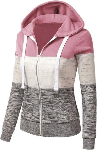 Women'S Color Block Sweatshirt Long Sleeve Zipper Hooded Trendy Blouse Light Weather Jacket in Kuwait