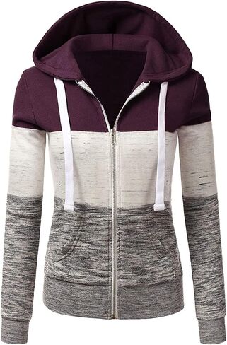 Women'S Color Block Sweatshirt Long Sleeve Zipper Hooded Trendy Blouse Light Weather Jacket in Kuwait