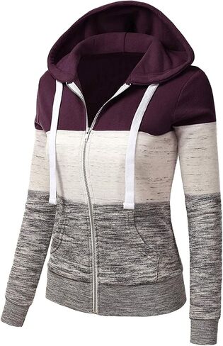 Women'S Color Block Sweatshirt Long Sleeve Zipper Hooded Trendy Blouse Light Weather Jacket in Kuwait