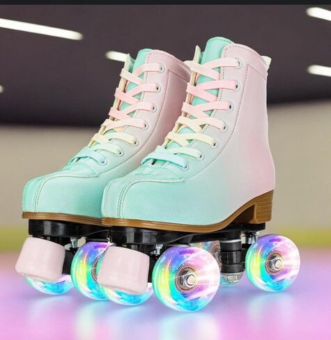 Tmore Quad Roller Skates for Women and Girls, Double-Row Light Up Roller Skate for Indoor Outdoor High Top PU Leather Kids Roller Skates Four-Wheel Adjustable Skates in Kuwait