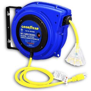 Goodyear Extension Cord Reel Retractable 16AWG x 50' Foot 3C/SJTOW Commercial Cable LED Triple Tap Connector Power 10A 125VAC 938W