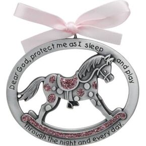 Oskal Sweet ROCKING HORSE Crib Medal for Baby GIRL with PRAYER Verse PEWTER Finish - CHRISTENING/SHOWER GIFT - Baptism KEEPSAKE w/PINK RIBBON - INFANT - Newborn (Original Version)
