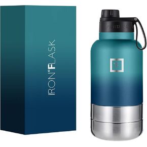 IRON °FLASK Portable Dog Water Bottle & Bowl - All-in-One Travel Accessories Pet Food & Liquids for Car, Hiking, Camping - Leak-Proof, Double Walled, Insulated - 32 oz, 2 Dog Bowls - Dark Night