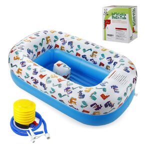 PandaEar Inflatable Dinosaur Baby Bathtub, Foldable Baby Infant Bath Tub Toddler Bathtub with Air Pump, Portable Travel Non-Slip Shower Basin Mini Air Swimming Pool for Newborn (Blue)