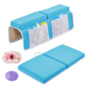 Baby Bath Kneeler and Elbow Rest Pad Set,Baby Bathtub Mat for Newborn Essentials Must Haves,Kneeling Pad with Soft Memory Foam and Bath Toy Organizer,Silicone Brush Bath Sponge,Blue