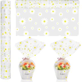 Whaline Daisy Cellophane Wrap Roll 100ft x 16 In 2.5Mil White Flower Cellophane Paper Crystal Floral Clear Cello Wrapping Paper for Spring Treats Gifts Basket Party Favor