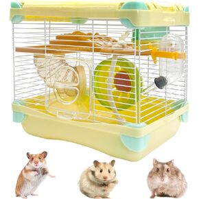 Hamiledyi Portable Hamster Cage 2 Layers Dwarf Hamster Habitat Small Animal Travel Cage with Exercise Wheel Hamster Enclosure Mouse Cage for Hamsters Mice Gerbils or Other Tiny Pets