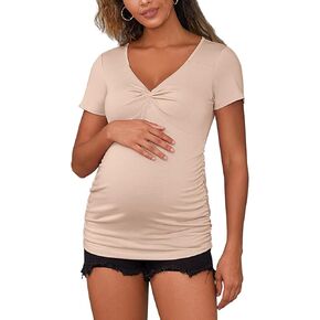 GINKANA Women Short Sleeve Maternity Shirts Tops Ruched Sides Casual Pregnancy Tees Tunics Blouses Summer Maternity Clothes