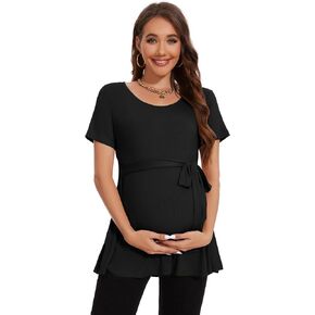 Smallshow Women's Maternity Shirts Tie Front Short Sleeve Pregnancy Tops Clothes