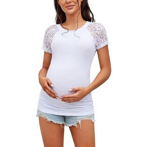 Women's Maternity Shirts Lace Short Sleeve Round Neck Side Ruched Pregnancy Tee Tops