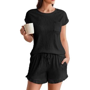 Ekouaer Womens Pajama Set Cap Sleeve Lounge Set Tops and Ruffle Shorts Pj Sets Casual Sleepwear with Pockets