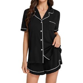 Umenlele Women's Pajamas Collared Button Down Short Sleeve Top with Shorts Sleepwear PJ Set