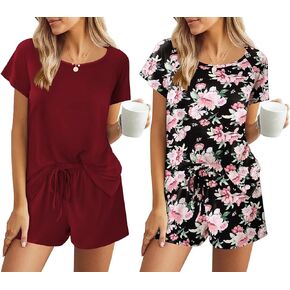 Ekouaer 2 Pack Pajamas Womens Short Sleeve Sleepwear Soft Crew Neck Pj Shorts Set Printed Loungewear Set with Pockets S-XXL