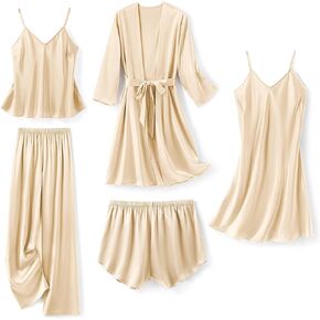 SAPJON Silk Pajamas for Women 5Pcs Sleepwear Loungewear Satin Robe Cami Shorts Pj Set