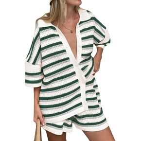 Lounge Sets for Women Striped Knit Set Color Block Button Top and Shorts Two Piece Loungewear