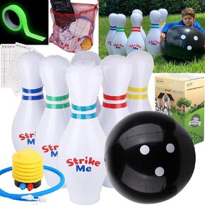 Giant Inflatable Kids Bowling Set - 6 27" Jumbo inflatable bowling pins - 1 24" Yard Bowling Ball -30"Glow Tape-1 Foot Pump-1 Mesh Bag-10 Score Sheet-Indoor Outdoor Lawn Bowling set for Adult Kids