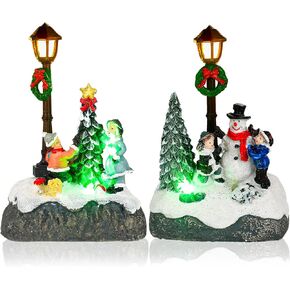 Christmas Village Sets, 2 Pcs Snowman Tree Santa Christmas Village Scene with Figurines LED Light Christmas Village Accessories Tabletop Decorative Christmas Ornaments for Table Decor (Rustic Style)