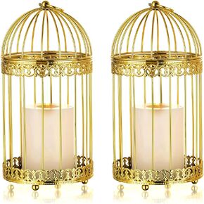 NUPTIO Decorative Birdcage Candle Holder: 2 Set of 10 inch H Gold Pillar Holders Vintage Bird cage Lanterns Centerpiece Metal Hanging Pillars Lantern for Birthday Party Anniversary Holiday Table Decor