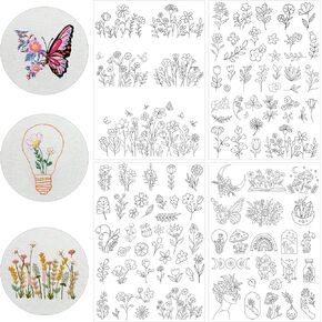 Water Soluble Stabilizer Embroidery Paper - Stick and Stitch Embroidery Paper Wash Away, 124 PCS Embroidery Patterns, Leaves, Butterfly, Mushroom, Book, Flower, Hand Sewing Crafts Gift
