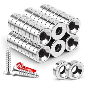 MIKEDE 50Pcs Magnets, Strong Neodymium Magnets Small Round Magnets with Hole, Heavy Duty Rare Earth Magnets Disc Countersunk Hole Magnets with 50Pcs Stainless Screws for Locker, Tool Storage, Crafts