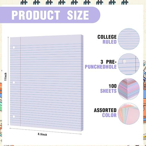 PerKoop 12 Pack Colored Loose Leaf Paper 1200 Sheets College Ruled 8.5 x 11 Inch Filler Paper 3 Hole Punched for 3 Ring Binders for School Office Supplies (Bright Colors) in Saudi Arabia