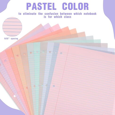 PerKoop 12 Pack Colored Loose Leaf Paper 1200 Sheets College Ruled 8.5 x 11 Inch Filler Paper 3 Hole Punched for 3 Ring Binders for School Office Supplies (Bright Colors) in Saudi Arabia